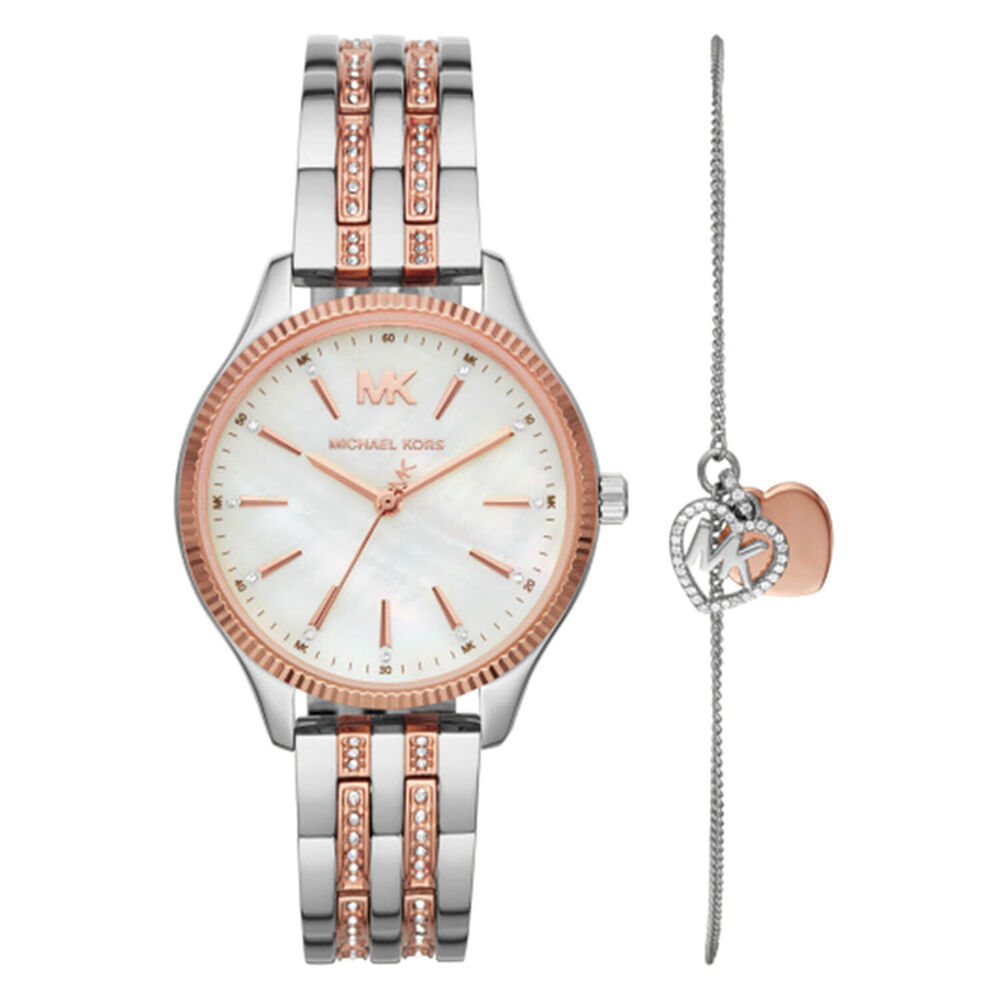 Michael Kors Lexington Ladies Silver And Rose Gold Watch & Set image number 0