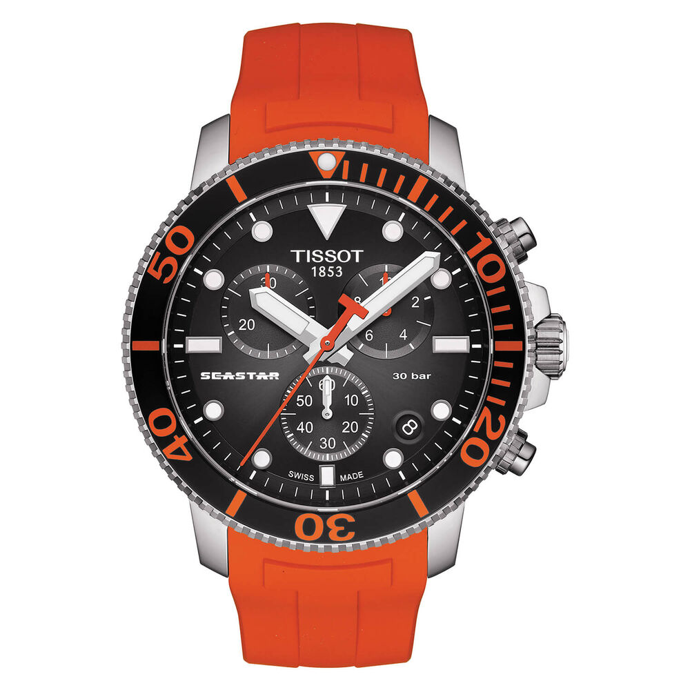 Tissot Seastar Chronograph 45mm Quartz Black Dial Orange Rubber Strap Watch