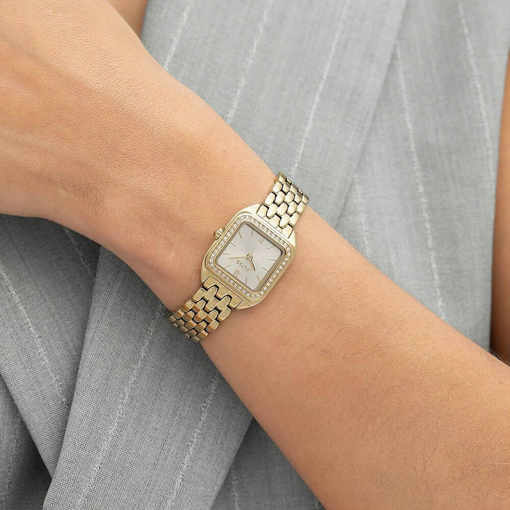BOSS Mae Petite 22mm Gold Dial Crystal Set Bezel Steel Bracelet Watch
