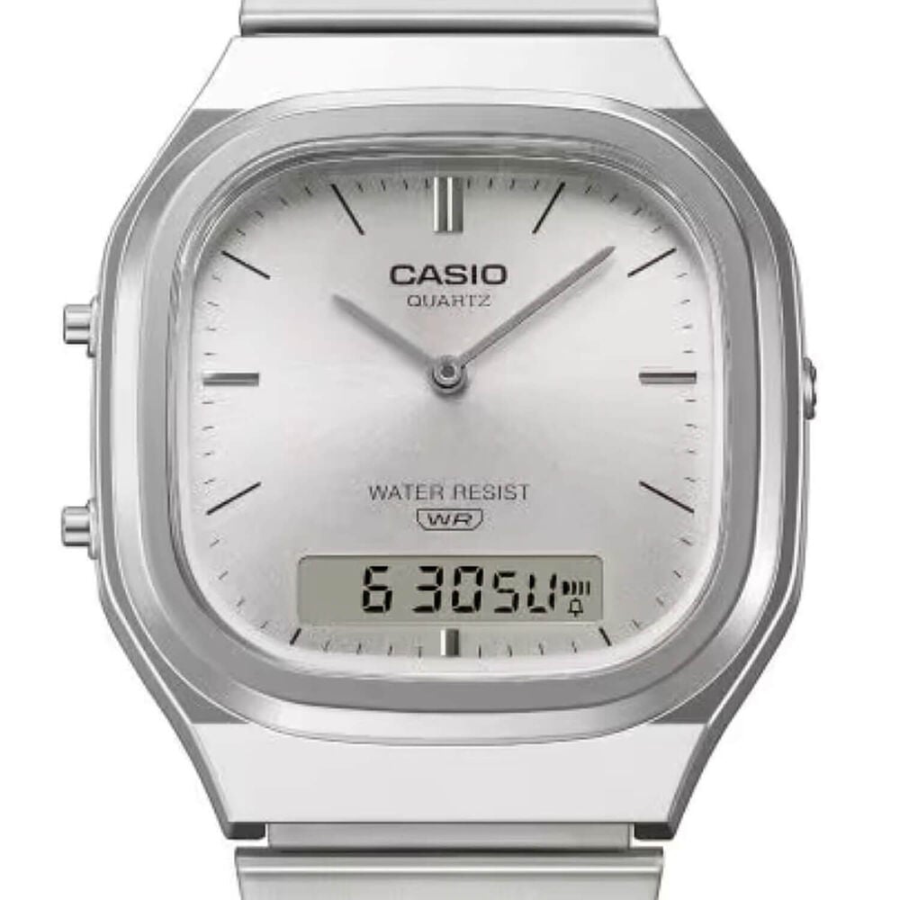 Casio Vintage 40.9x35.8mm Silver Dial Dual Display Stainless Steel Bracelet Watch
