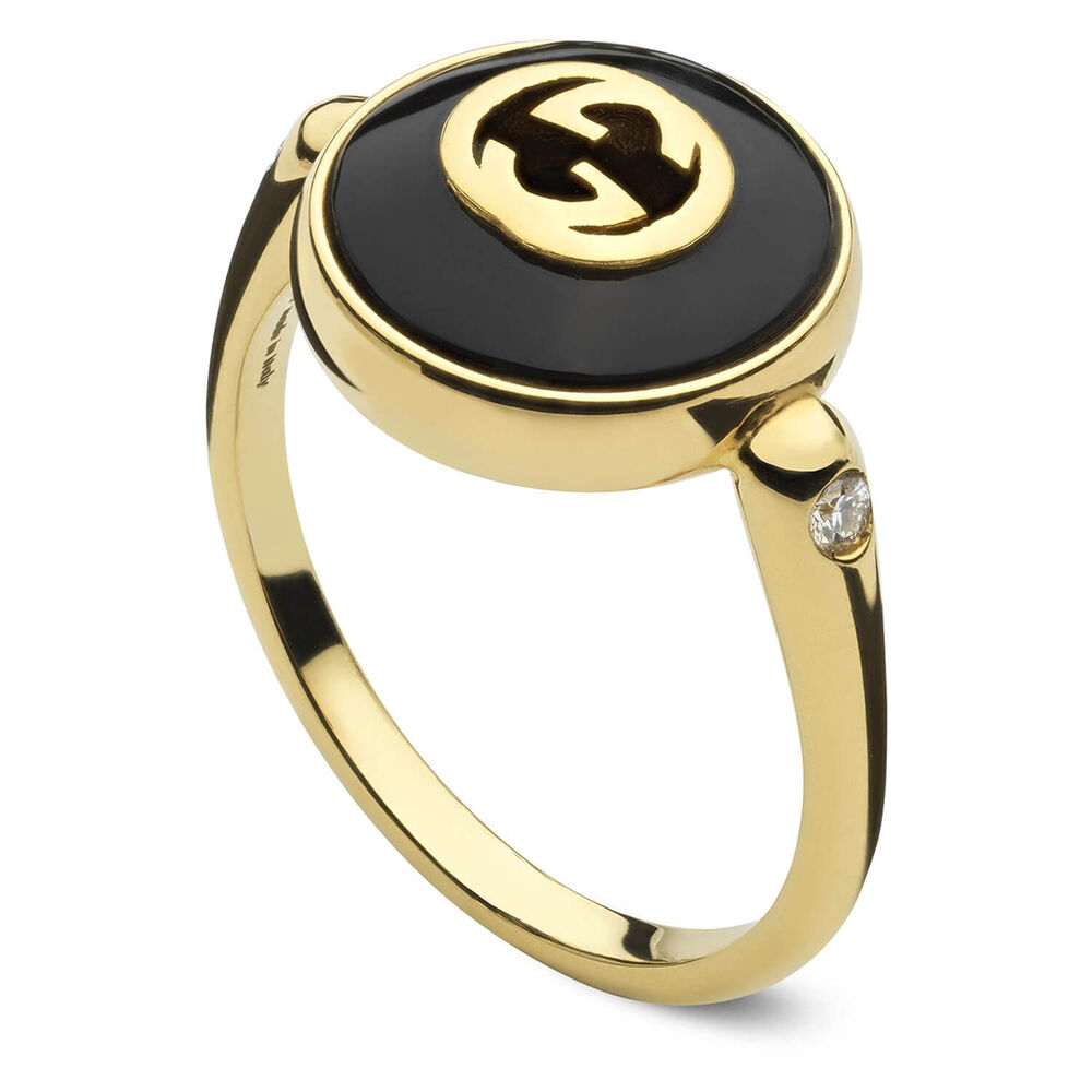 Gucci Interlocking Onyx 18k Yellow Gold Ring (UK Size M - N)