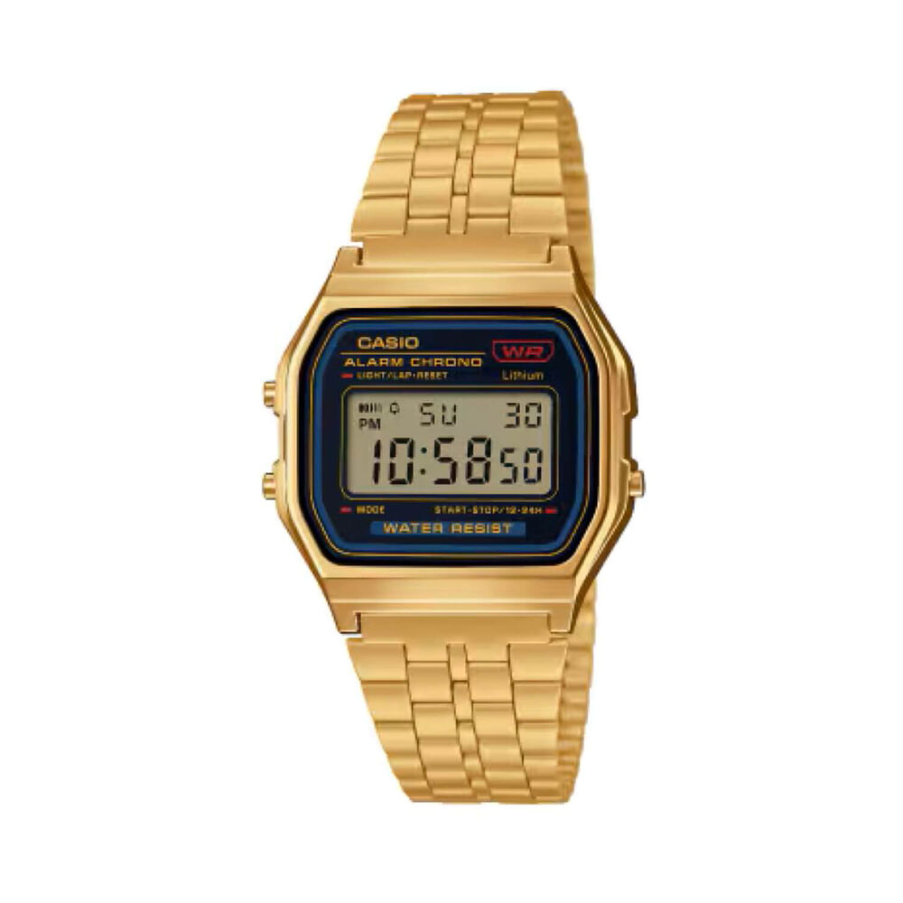 Casio Vintage 36.8x 33.2mm Black Digital Display Gold Tone Stainless Steel Bracelet Watch
