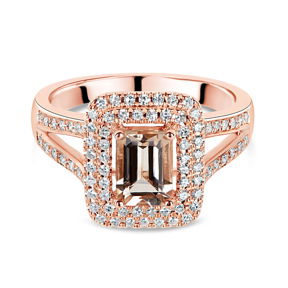 9ct Rose Gold Diamond and Morganite Emerald Cut Ring image number 4