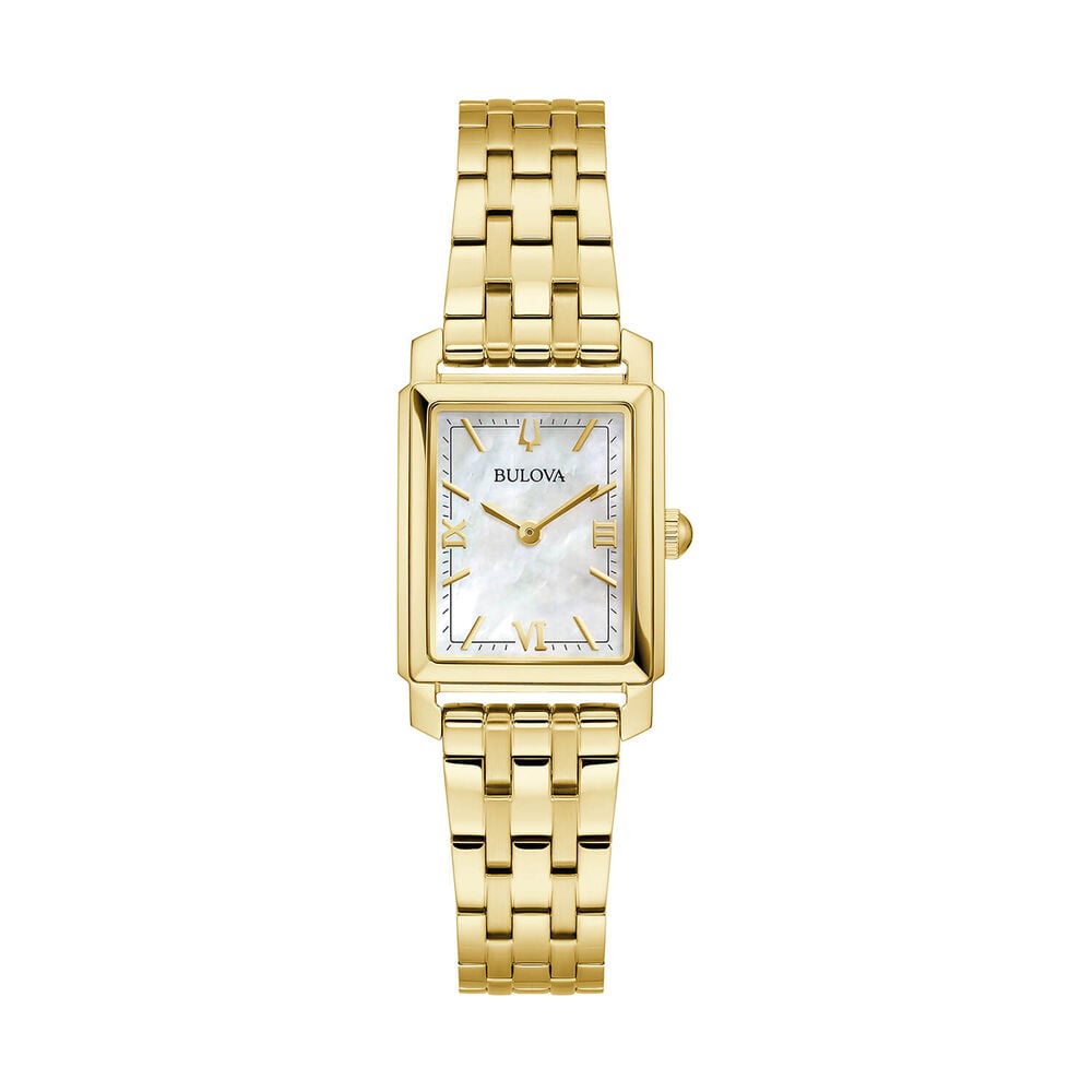 Bulova Sutton 21x33mm Mother of Pearl Dial Gold Tone Steel Bracelet Watch image number 0