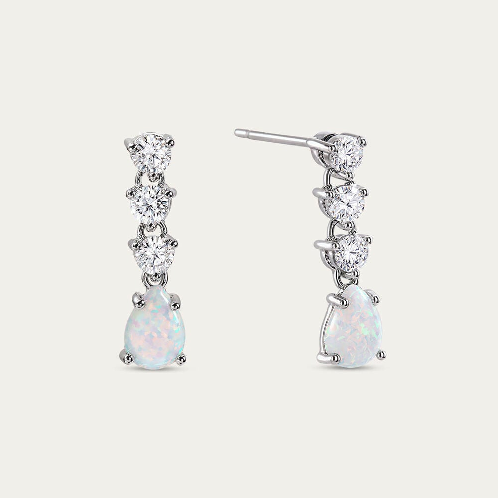 Sterling Silver Pear Opal 3 White Cubic Zirconia Top Drop Earrings
