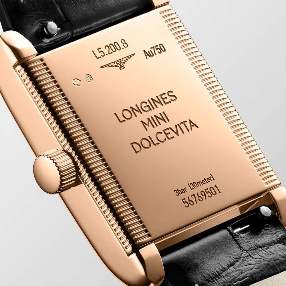 Longines MiniDolcevita 21.5x29mm Silver Dial 18k Pink Gold Case Black Leather Strap Watch image number 2