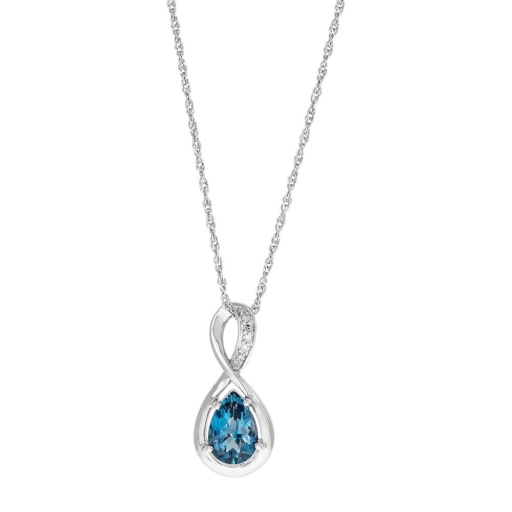 9ct white gold pear London blue topaz and diamond twist pendant