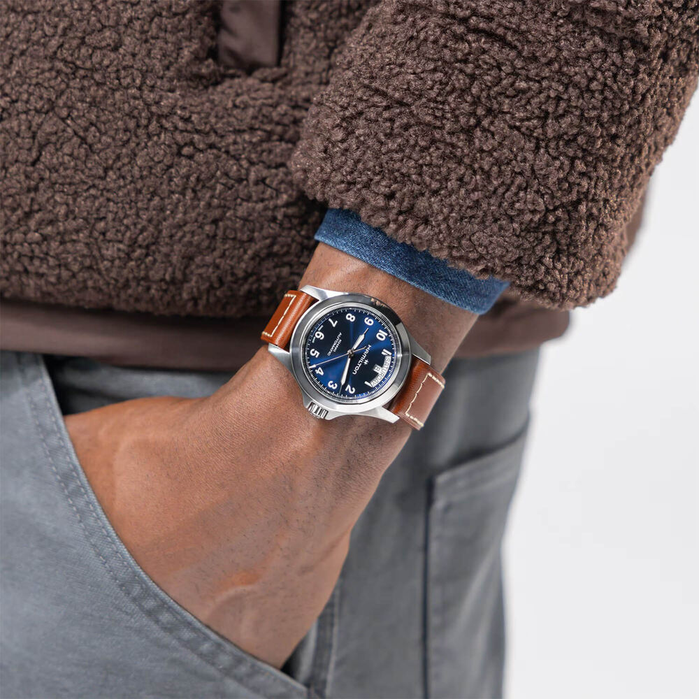 Hamilton Khaki Field King Day-Date 40mm Blue Dial Brown Leather Strap Watch