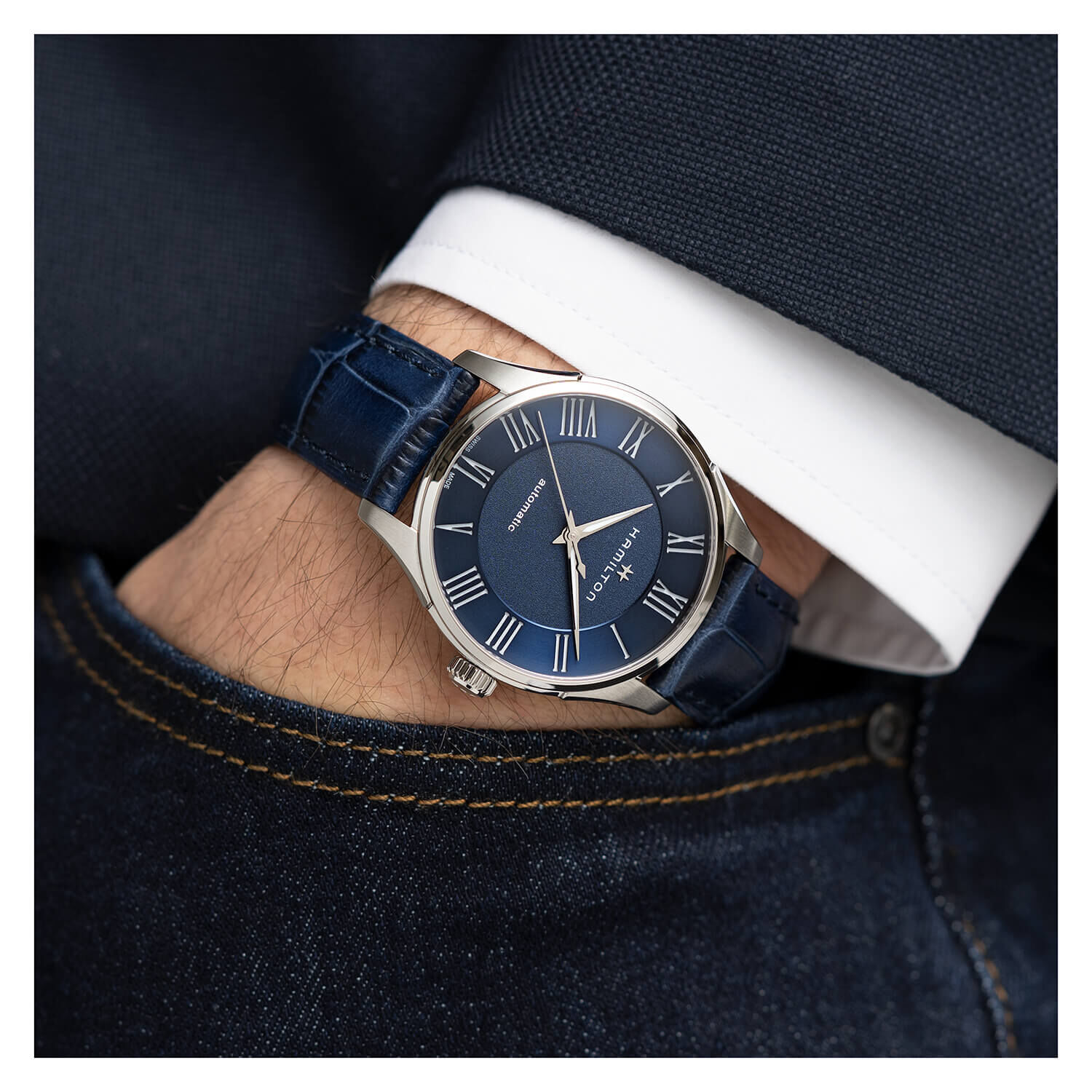 Hamilton jazzmaster blue dial sales