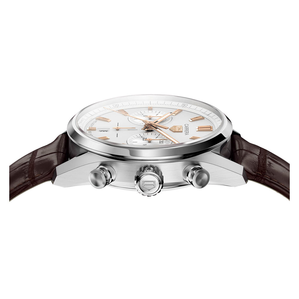 TAG Heuer Carrera 42mm Silver Rose Gold Steel Case Brown Strap Watch