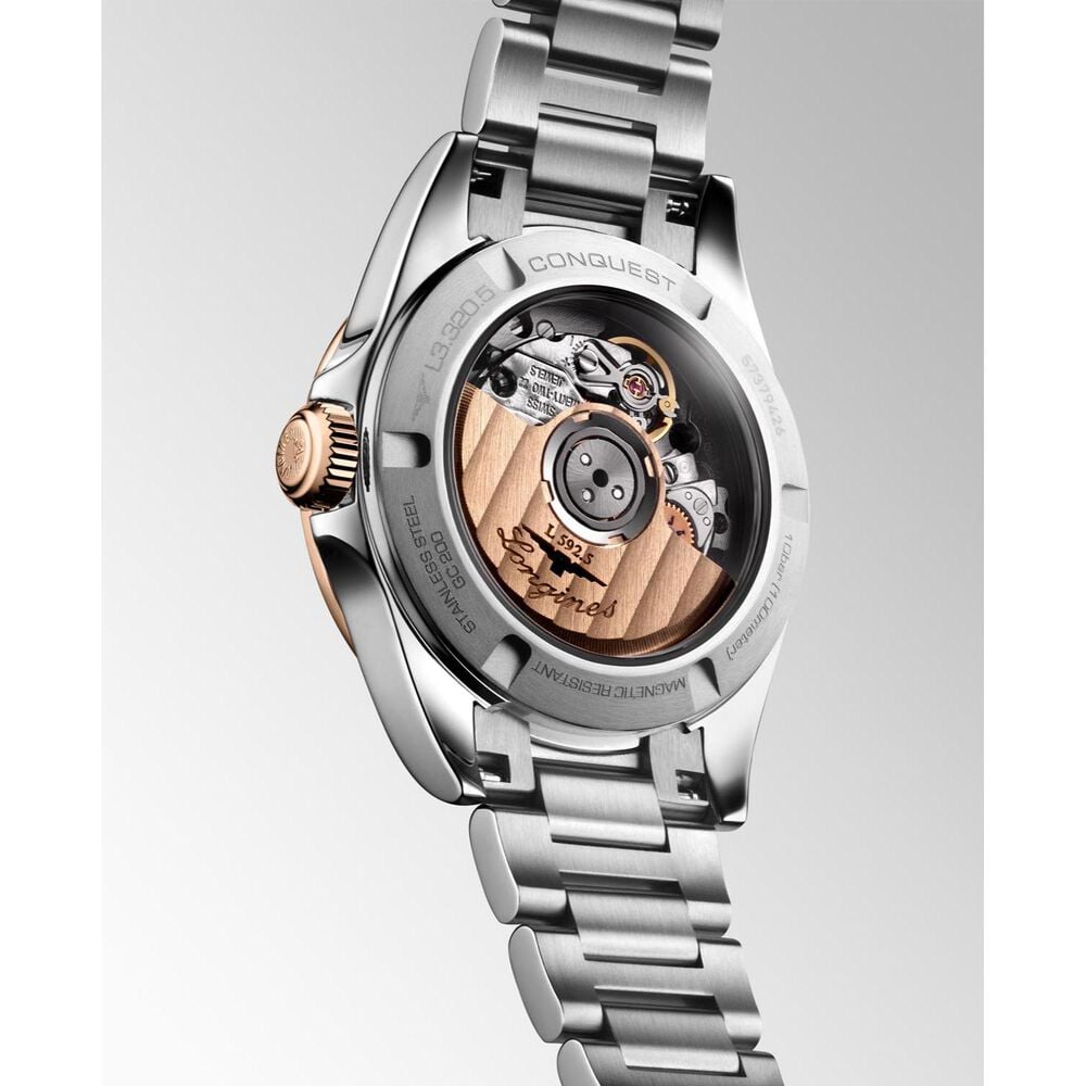 Longines Conquest 30mm Silver Dial 18ct Rose Gold Bezel Steel Bracelet Watch image number 4