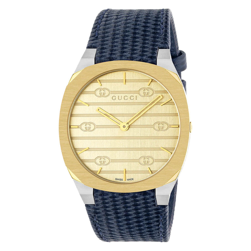 Gucci 25H Champagne Dial Yellow Gold Bezel Blue Strap Watch
