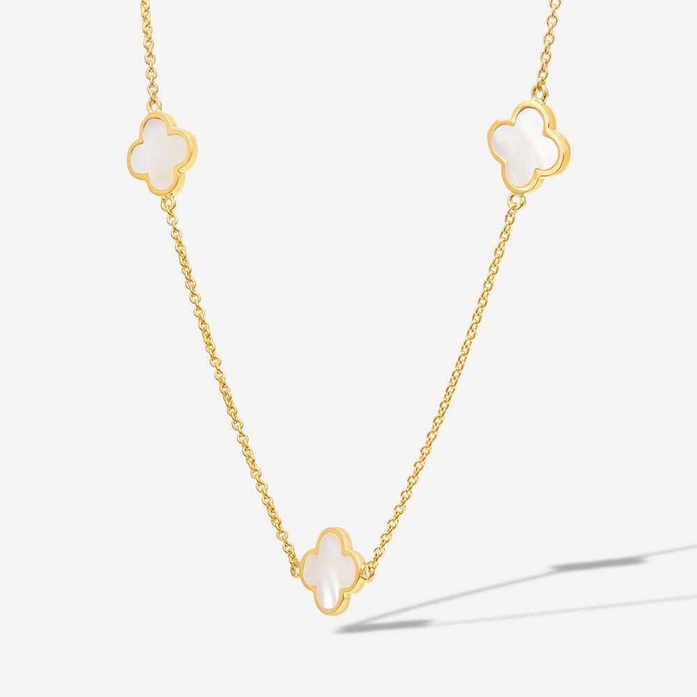 Yellow Gold Plated Sterling Silver Mother of Pearl 5 Clover Petal Necklet