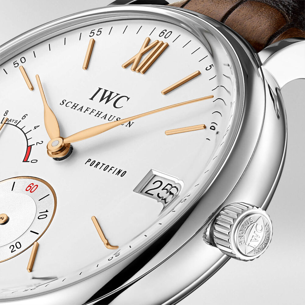 IWC Portofino Hand-Wound Eight Days silver brown leather strap watch image number 2