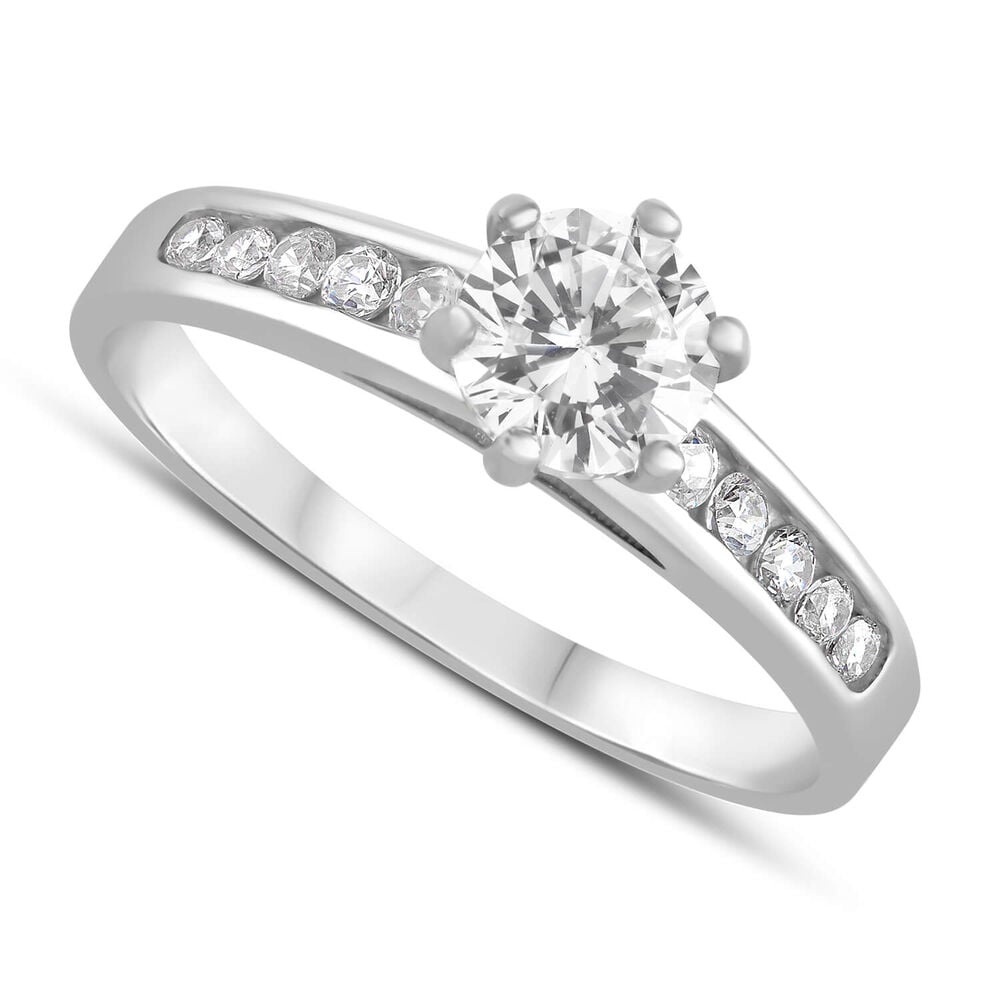 9ct White Gold Cubic Zirconia Solitaire with Cubic Zirconia Channel Shoulders Ring