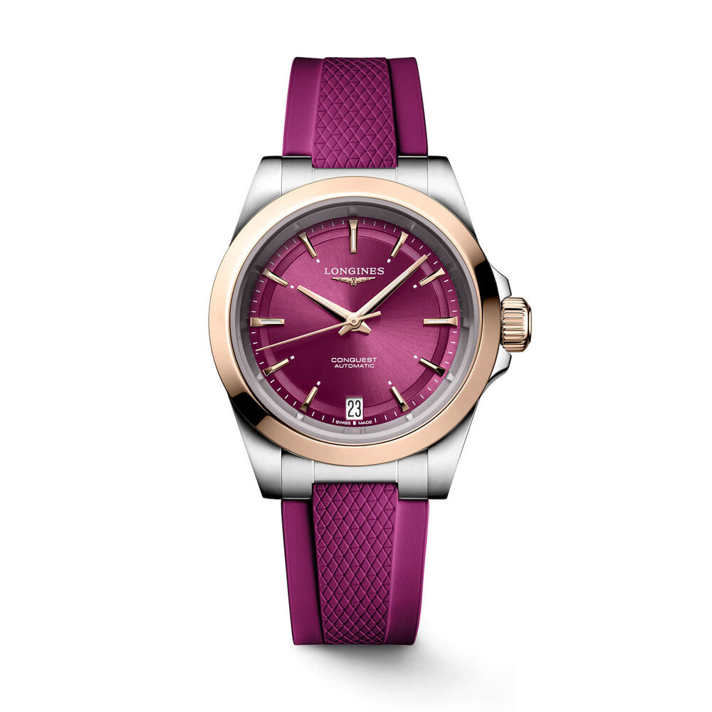 Longines Conquest 34mm Purple Dial Pink Gold Case Rubber Strap Watch image number 0