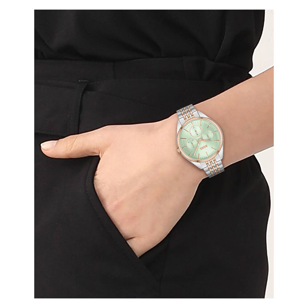 Hugo Boss Saya 37mm Quartz Green Dial Rose Gold Index IP Case Bracelet Watch image number 2