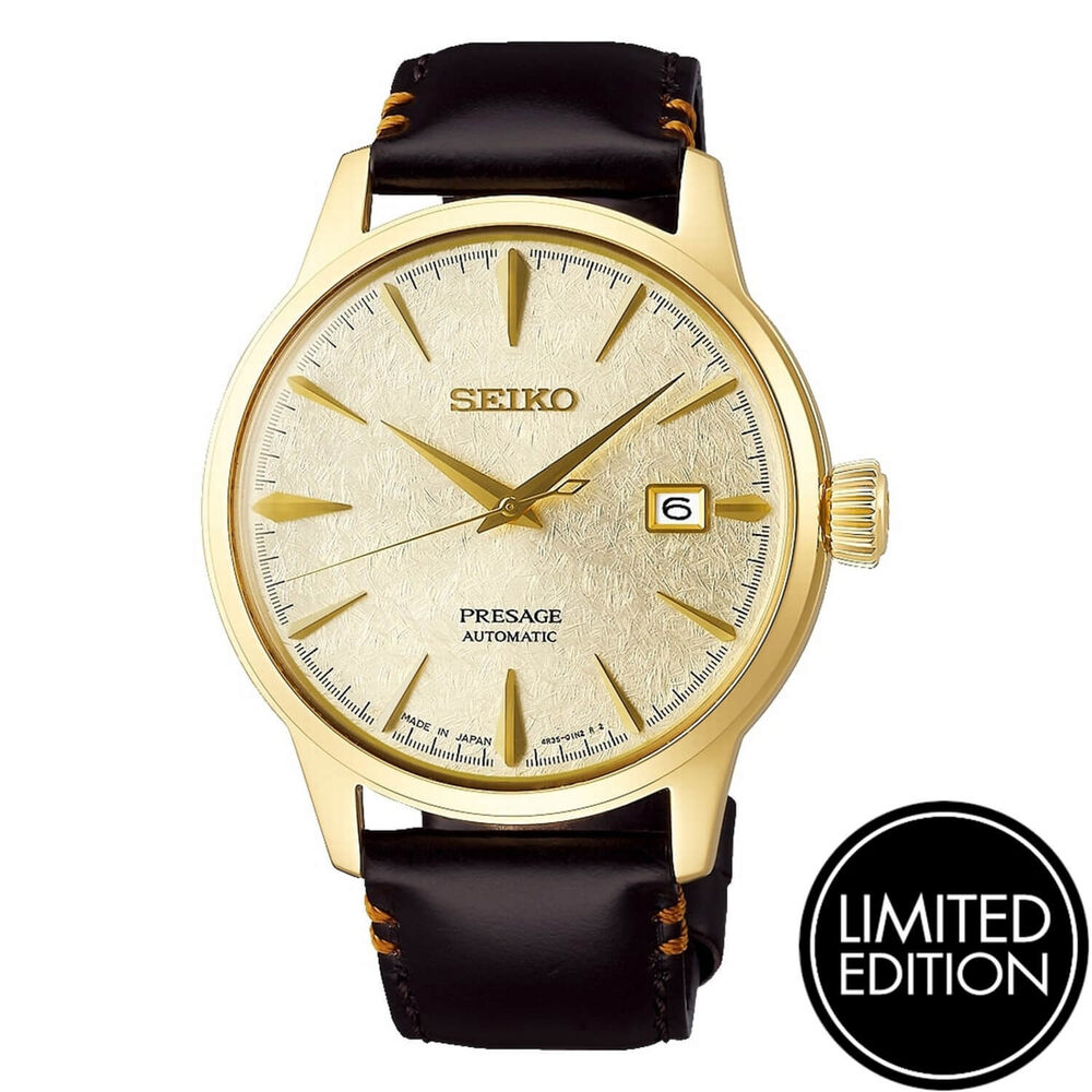 Seiko Presage Cocktail Sake Limited Edition 40.5mm Champagne Dial Yellow Gold PVD Case Black Strap Watch