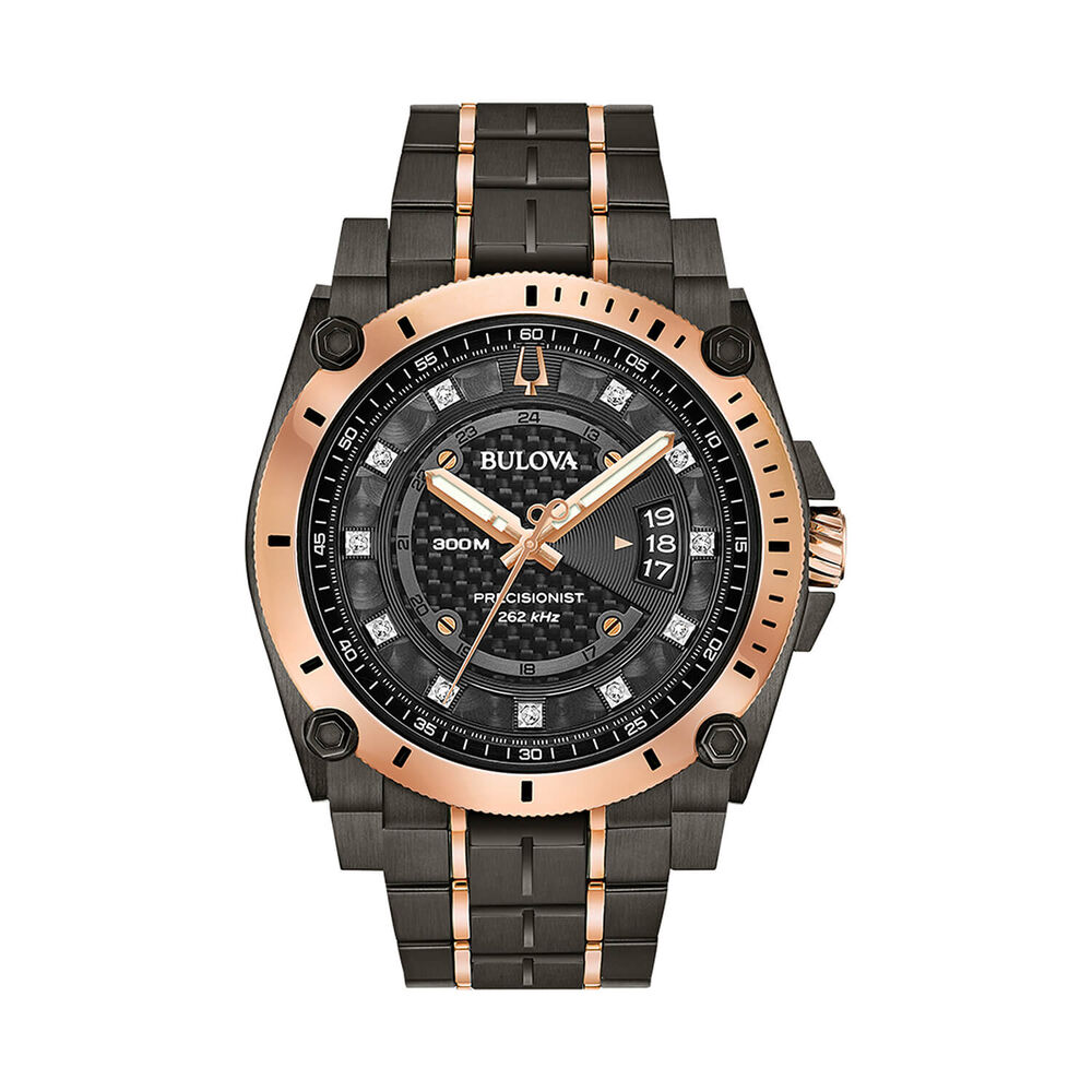 Bulova Icon Precisionist Diamond 46mm Black Dial Rose Gold Toned Bezel Steel Bracelet Watch image number 0
