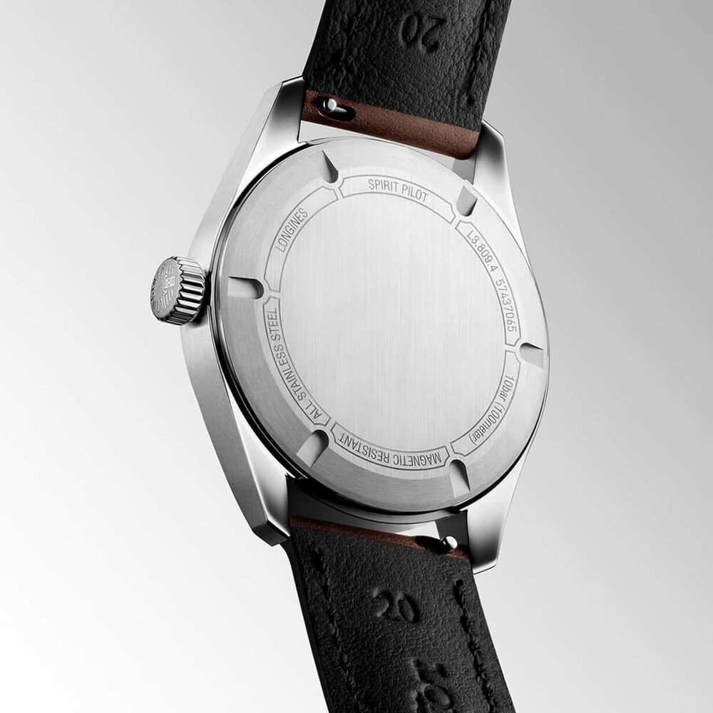 Longines Spirit Pilot 39mm Black Dial Brown Leather Strap Watch image number 5