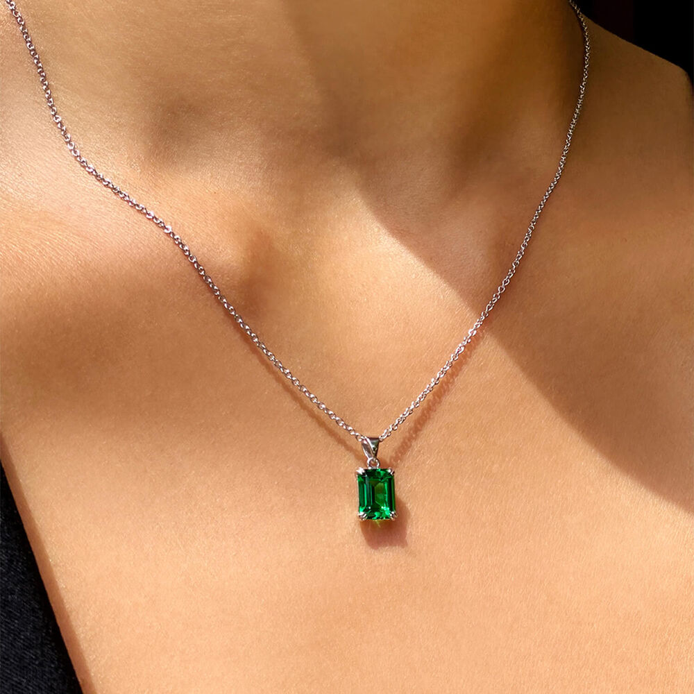 CARAT* London 9ct White Gold Emerald Cut Green Pendant image number 2
