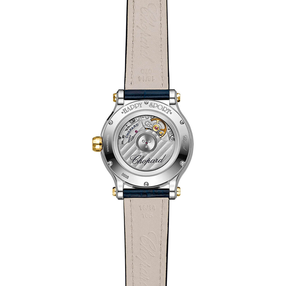 Chopard Happy Sport 33mm Silver Dial 0.25ct Diamonds 18ct Gold Case Blue Leather Strap Watch image number 1