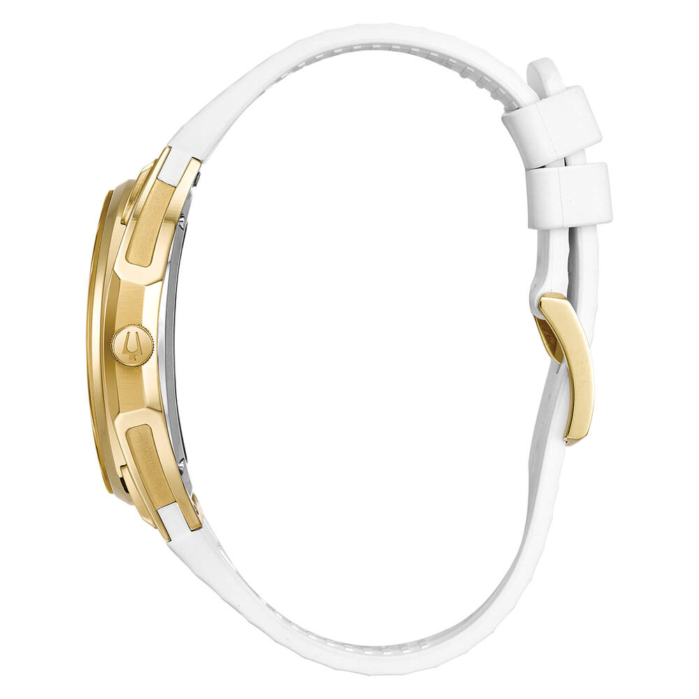 Bulova Curv White Dial Yellow Gold PVD Case White Rubber Strap Watch