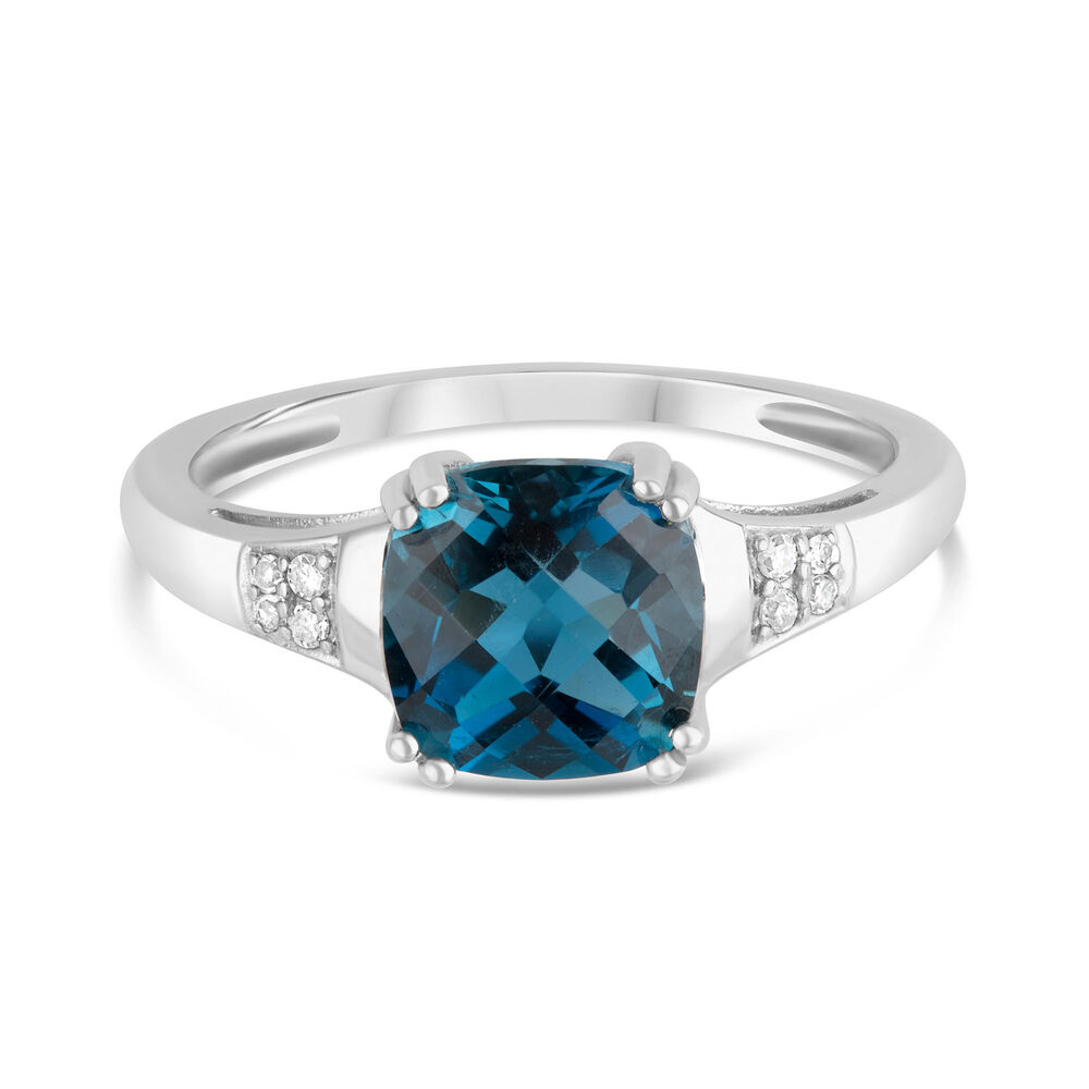 9ct White Gold 0.02ct Diamond Sides Cushion Blue Topaz Ring image number 4