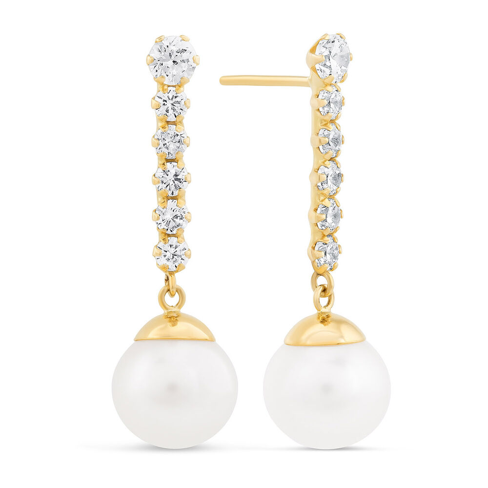 9ct Yellow Gold Cubic Zirconia Row Pearl Drop Earrings