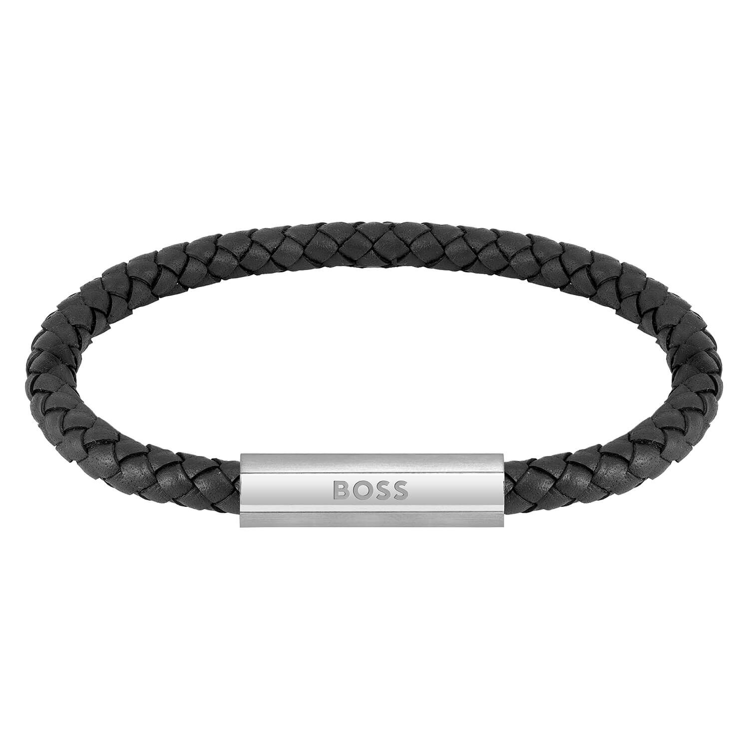 BOSS Braided Black Leather Mens Bracelet
