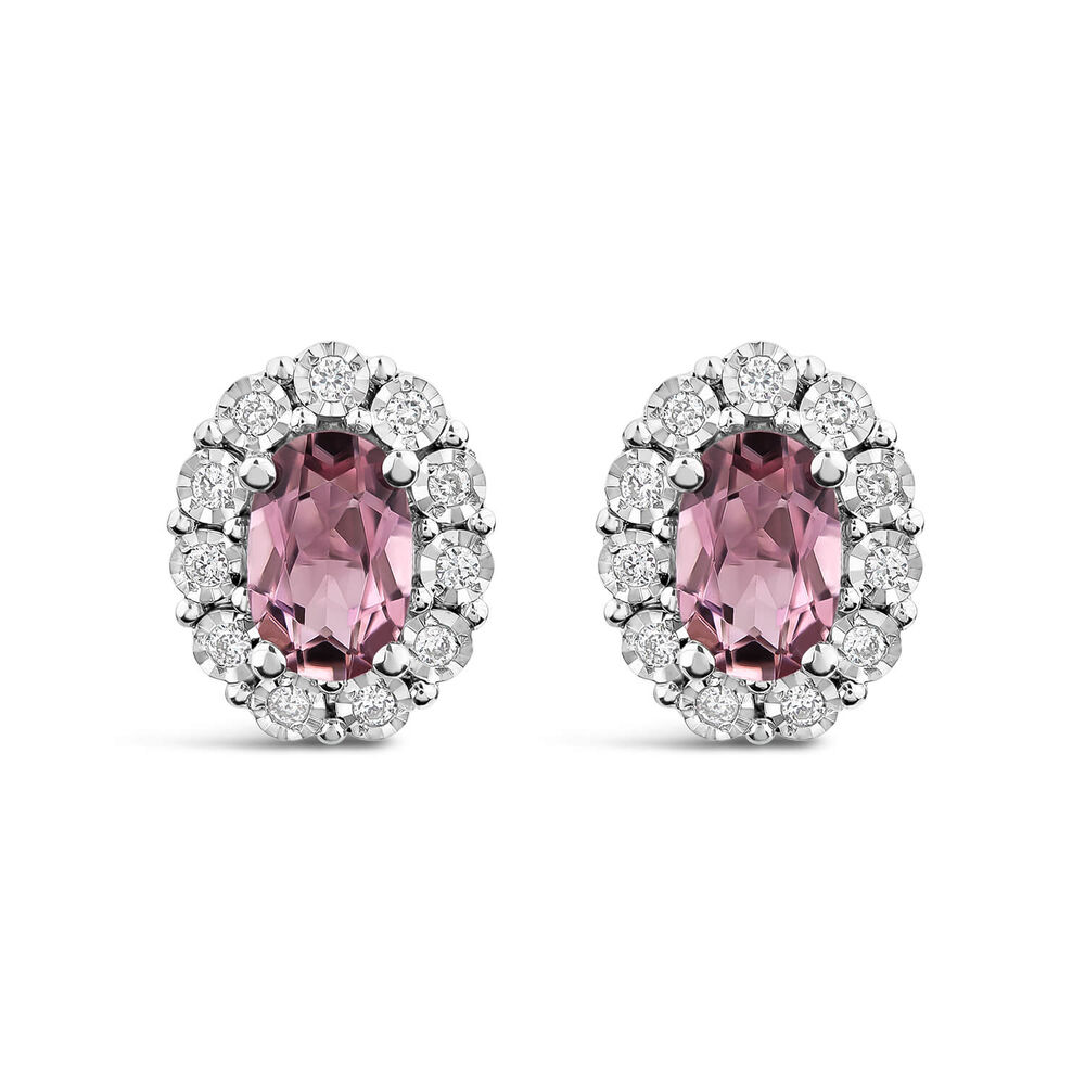 9ct White Gold Oval Pink Tourmaline 0.05ct Diamond Cluster Stud Earrings
