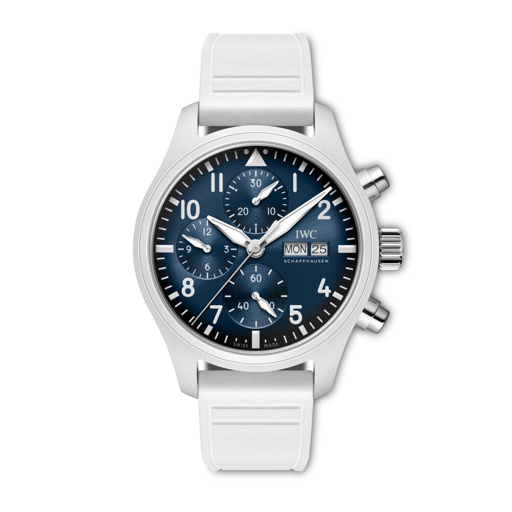 IWC Schaffhausen Pilot's Chronograph Le Petit Prince 41mm Blue Dial White Rubber Strap Watch