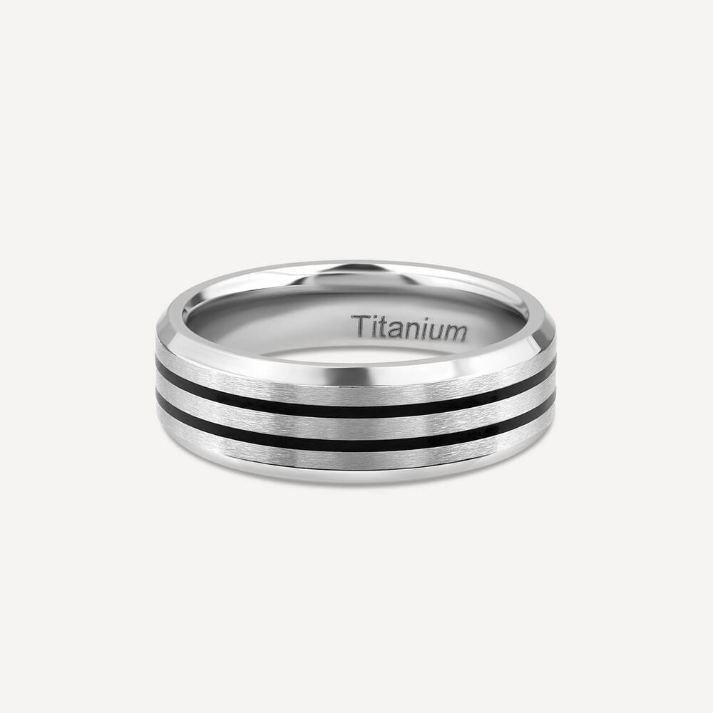 Titanium Centre Black Double Stripe Mens Band Ring