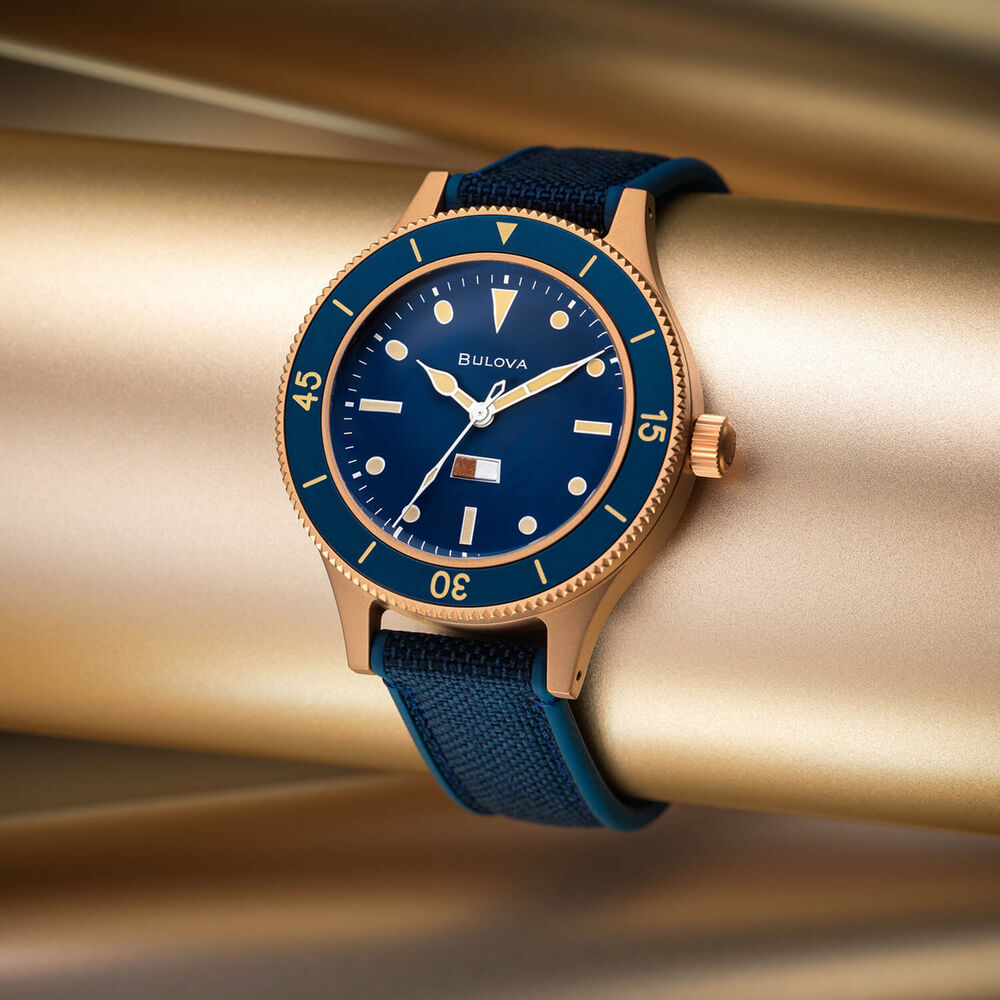 Bulova MIL-Ships Bronze 41mm Blue Dial Rubber and Cordura Nylon Strap Watch image number 5