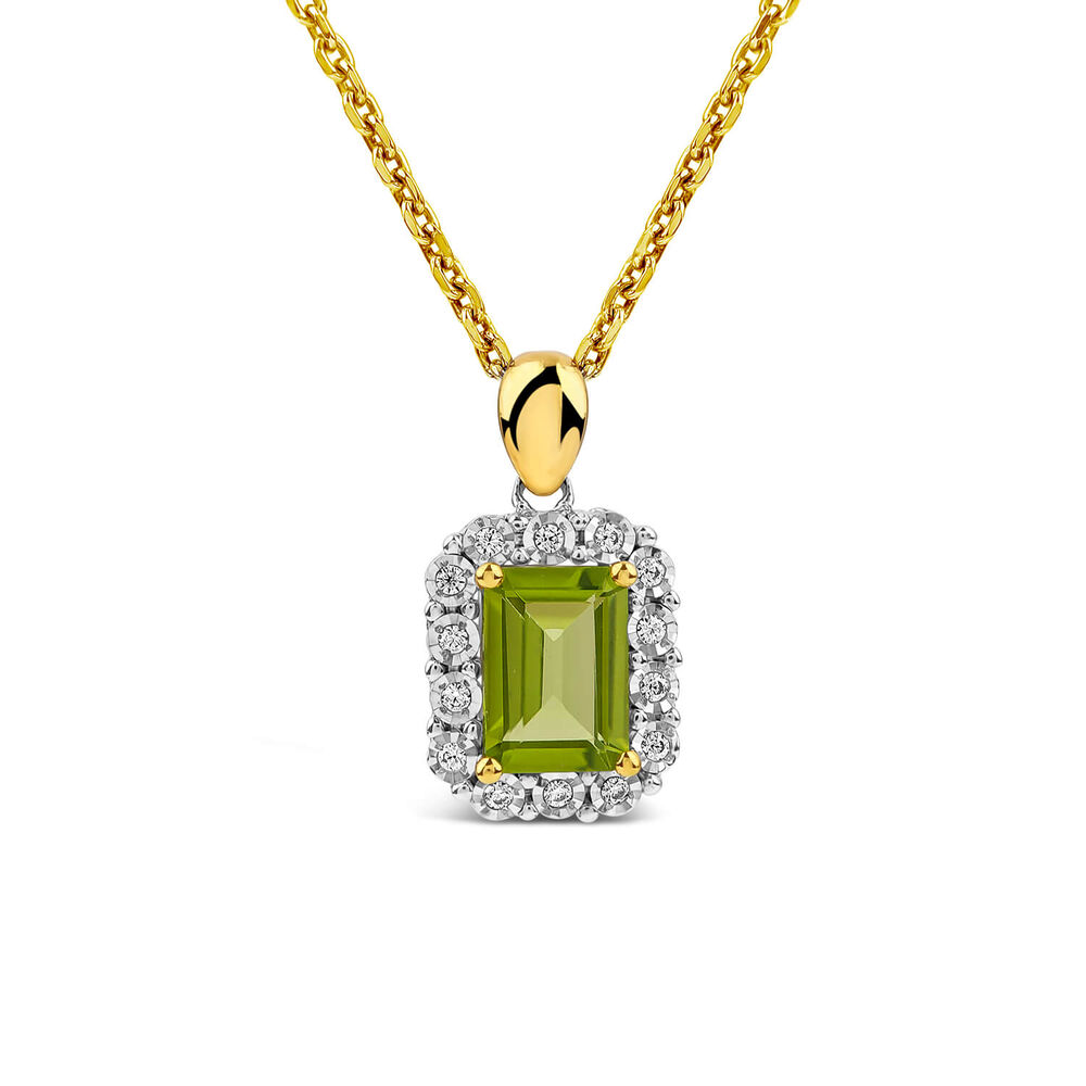 9ct Yellow Gold Rectangular Peridot 0.06ct Diamond Halo Pendant image number 0