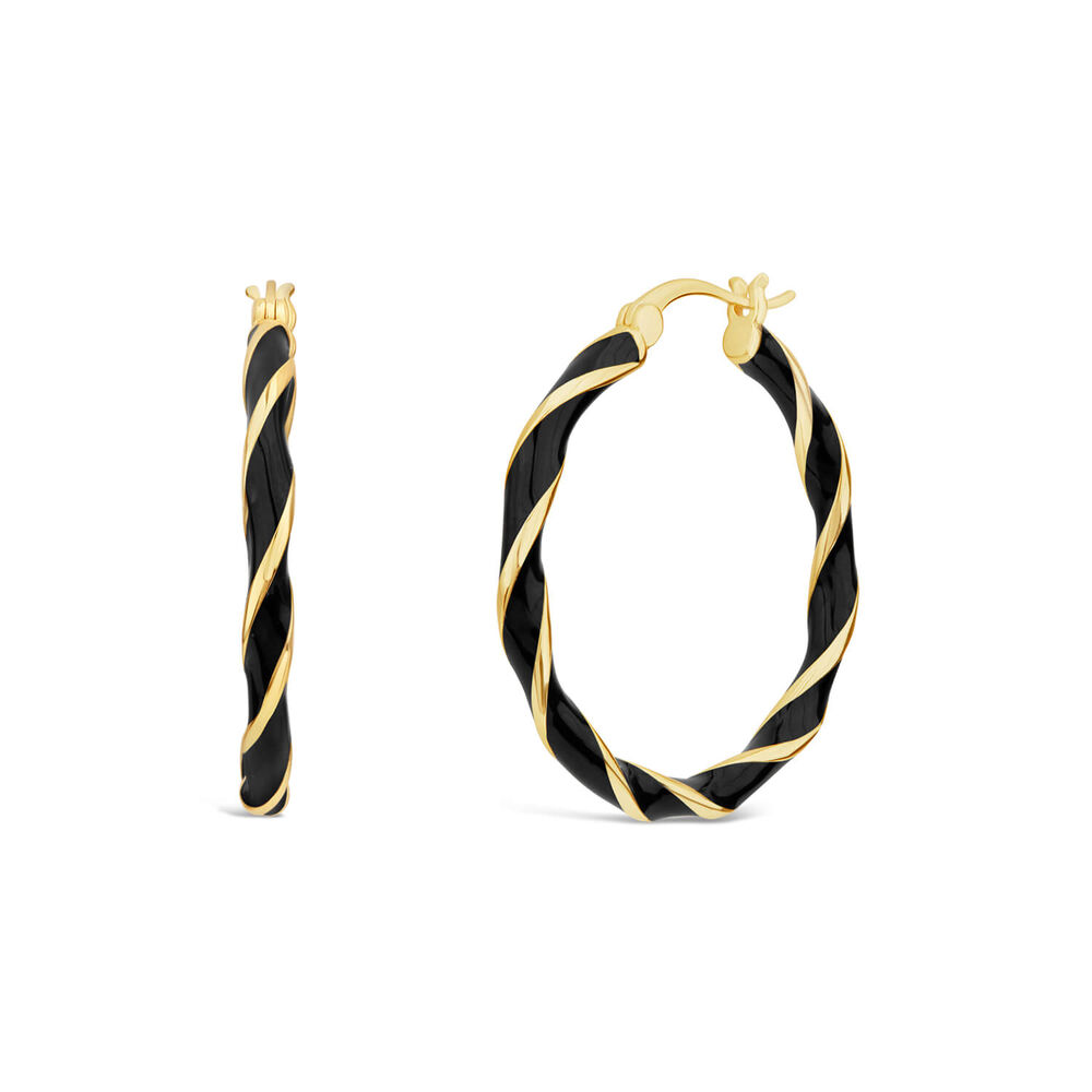 Silver & Yellow Gold Plated & Black Enamel Twist Large Hoop Earrings image number 0