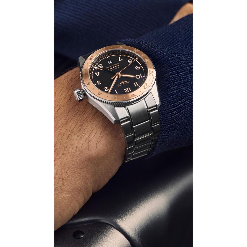 Longines Spirit Zulu Time 1925 39mm Black Dial 18kt Rose Gold Bezel Steel Bracelet Watch image number 11