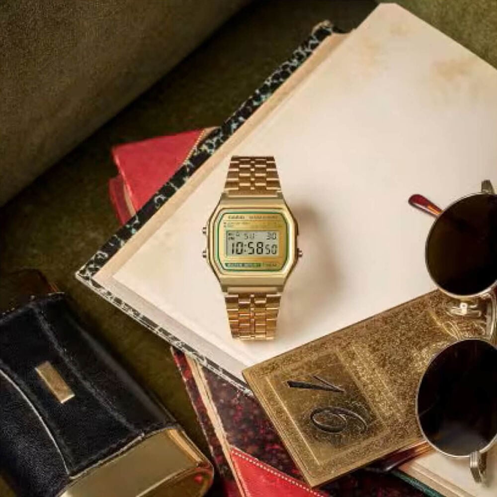 Casio Vintage 36.8x33.2mm Gold Digital Display Gold Tone Stainless Steel Bracelet Watch