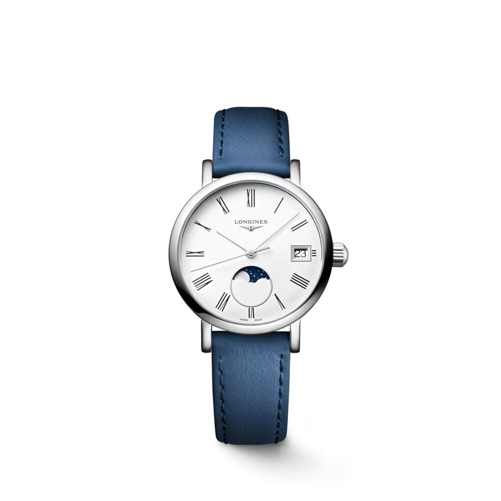 Longines Elegant Moonphase 30mm White Matte Dial Blue Leather Strap Watch