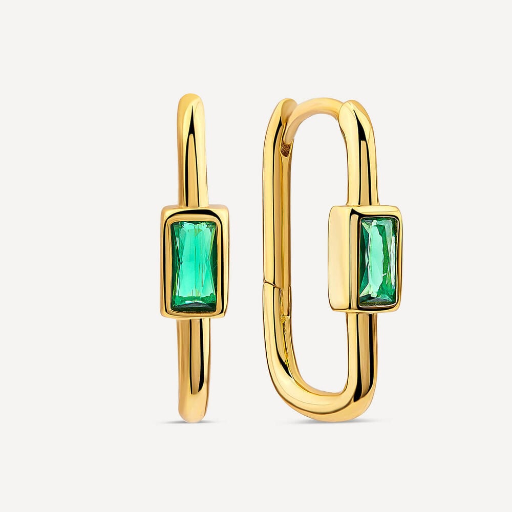 Yellow Gold Plated Sterling Silver Green Stone Rectangular Hoop Earrings