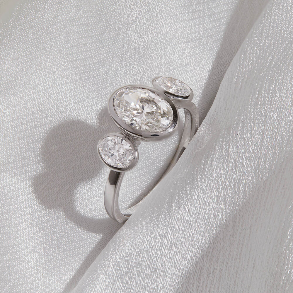 Born Platinum Lab Grown 2.80ct Oval Diamond Three Stone Bezel Set Ring image number 5