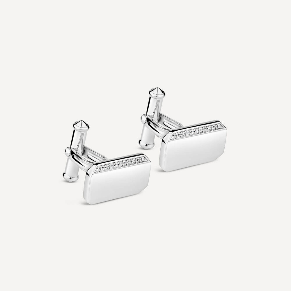 Sterling Silver Rectangular Polished Cubic Zirconia Set One Line Cufflinks image number 1