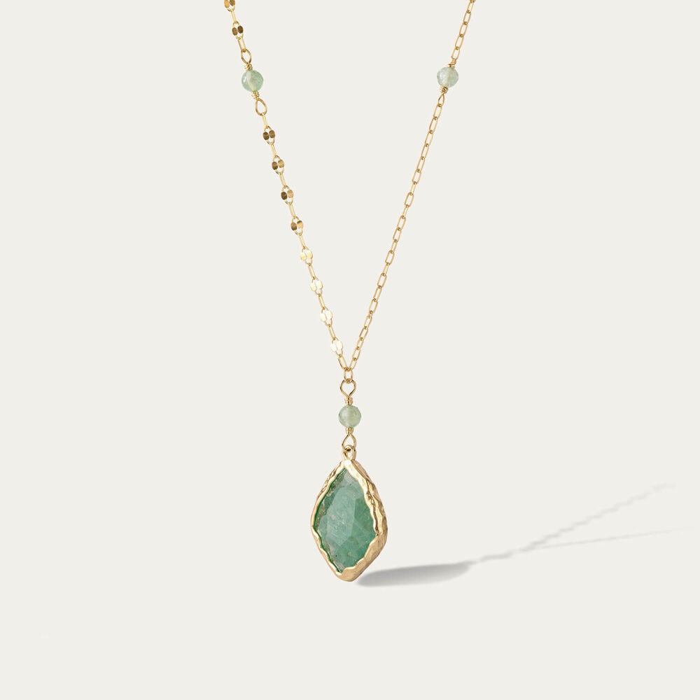 9ct Yellow Gold Beaded Chain Green Aventurine Pendant