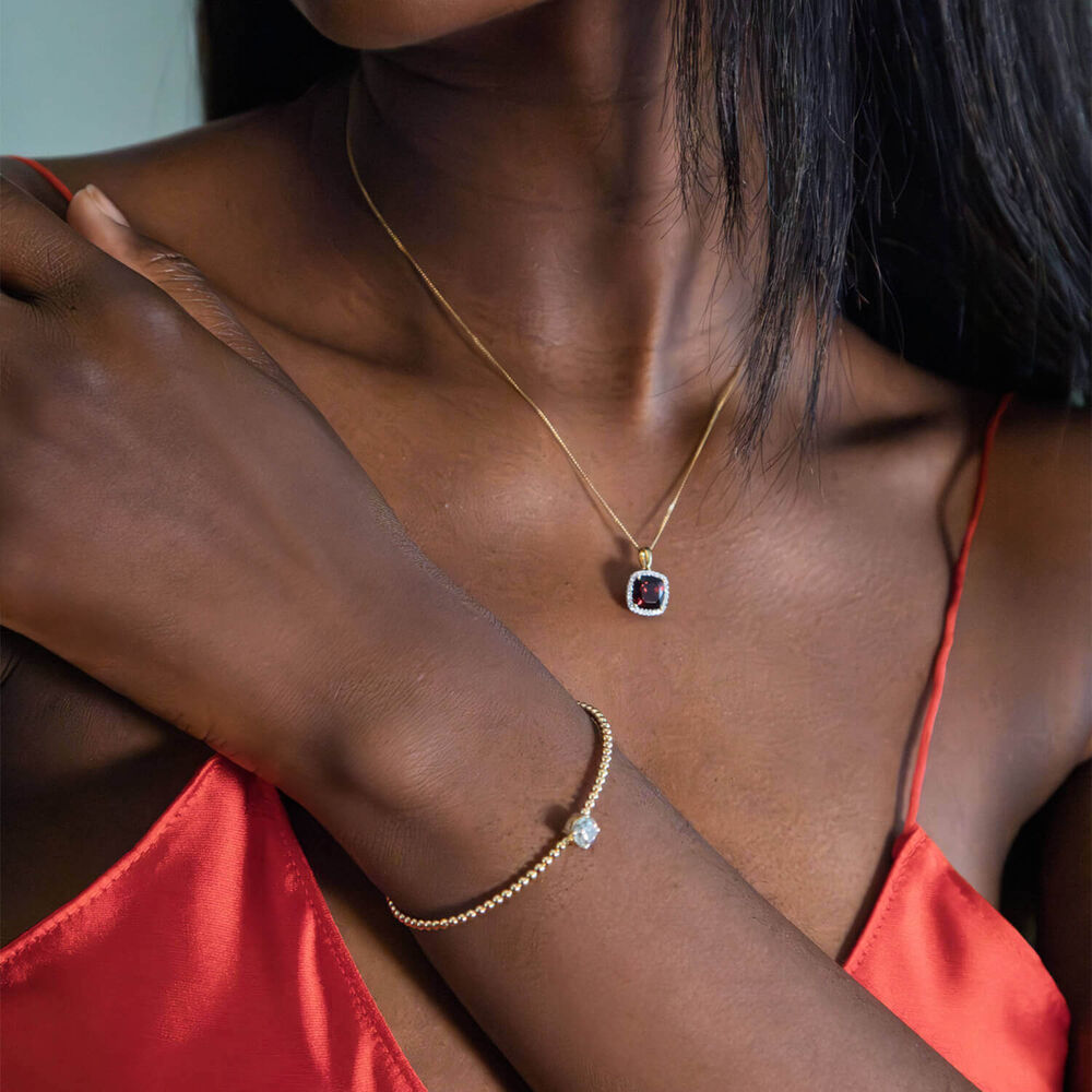 9ct Yellow Gold Cushion Garnet & 0.15ct Diamond Pendant image number 4