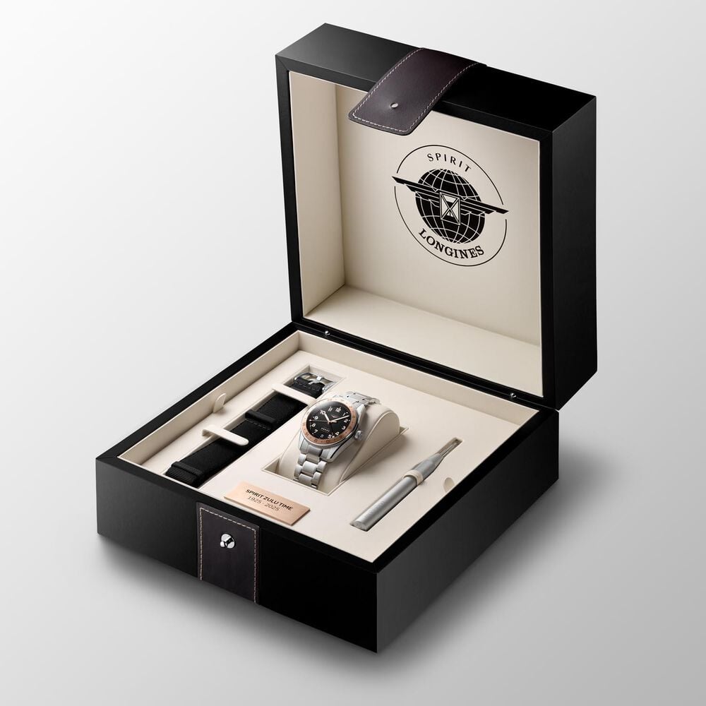 Longines Spirit Zulu Time 1925 39mm Black Dial 18kt Rose Gold Bezel Steel Bracelet Watch image number 8