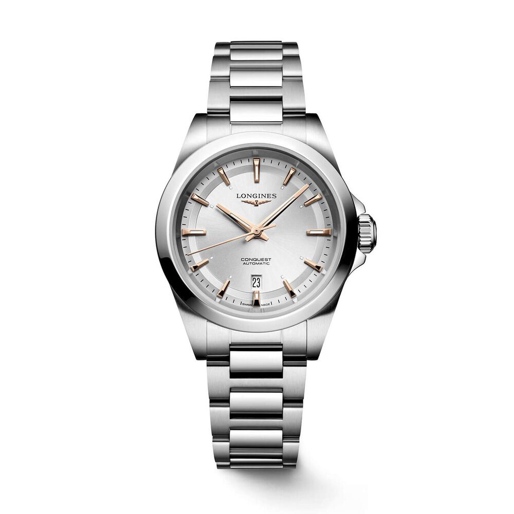 Longines Conquest 30mm Silver Dial Rose Gold Hands Steel Bracelet Watch image number 0