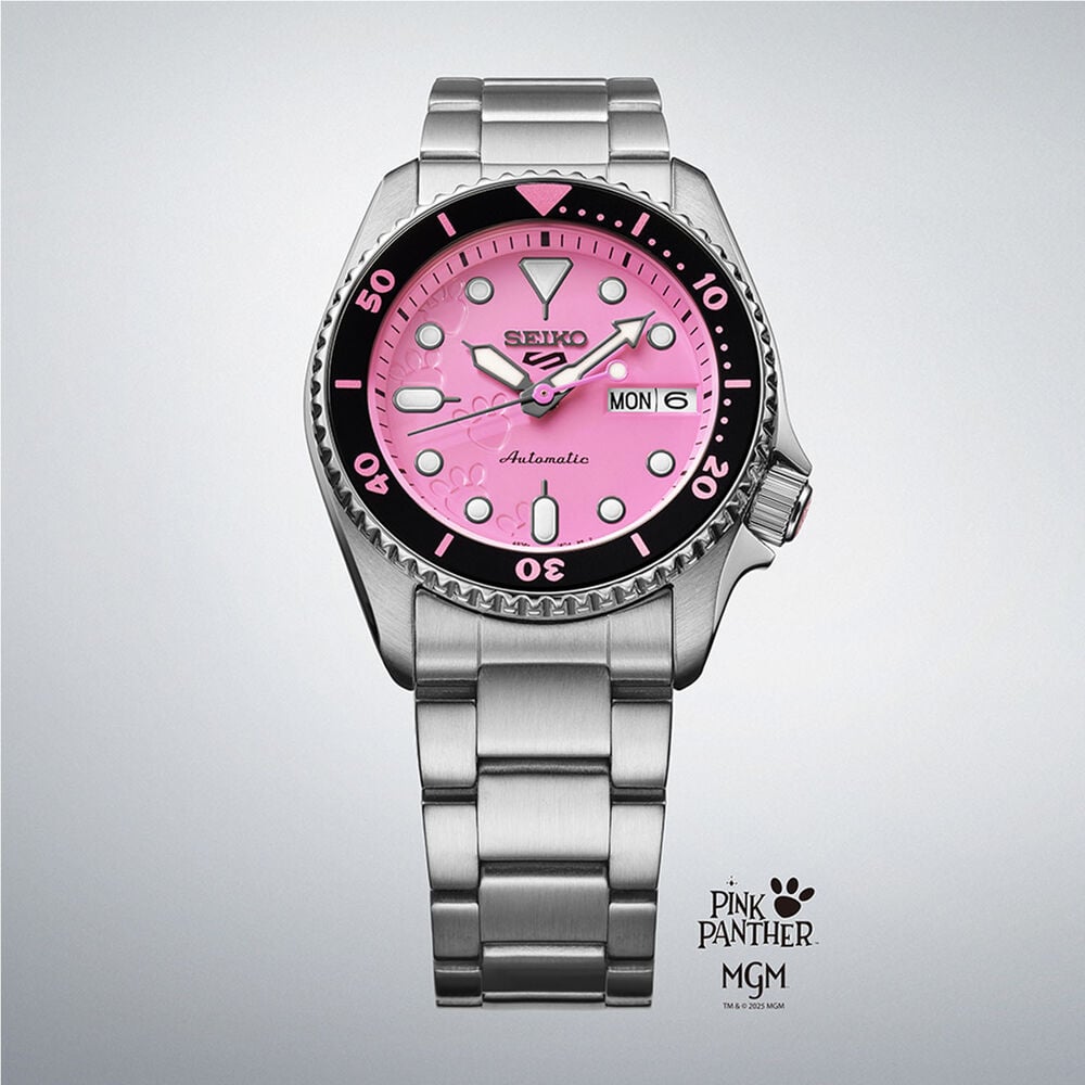 Seiko 5 Sports x Pink Panther Limited Edition 38mm Pink Dial Steel Bracelet Watch image number 5