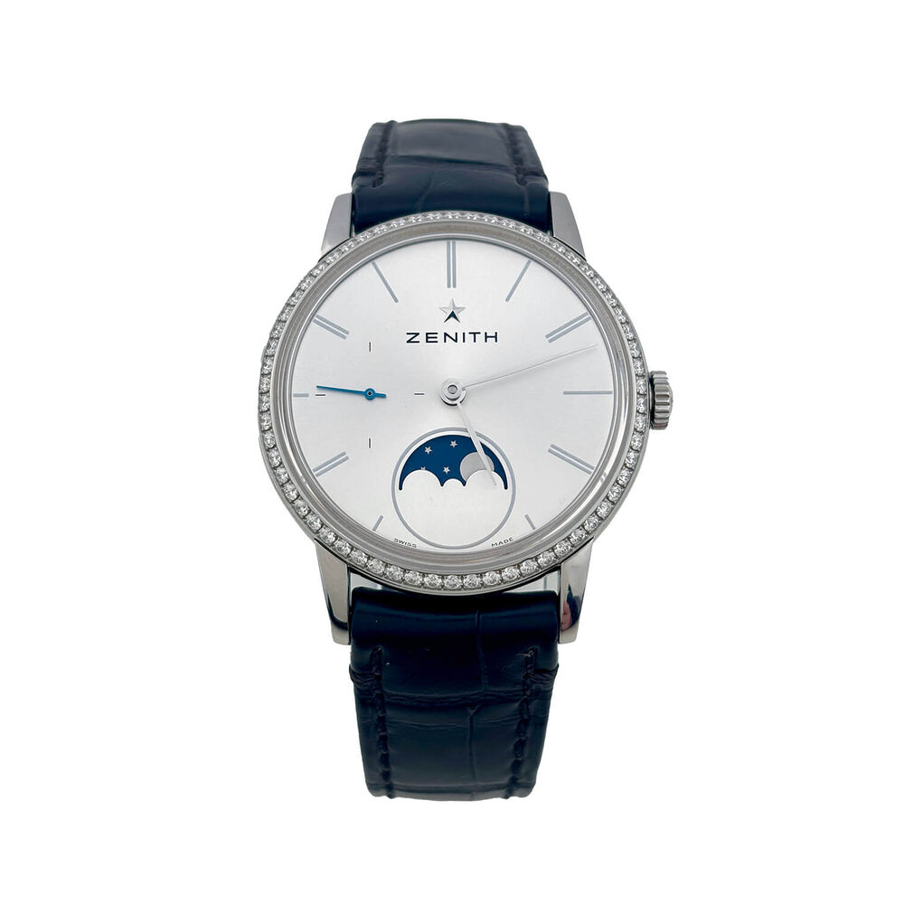 Pre-Owned Zenith Elite Lady Moonphase 33mm Silver Dial Diamond Bezel Leather Strap Watch