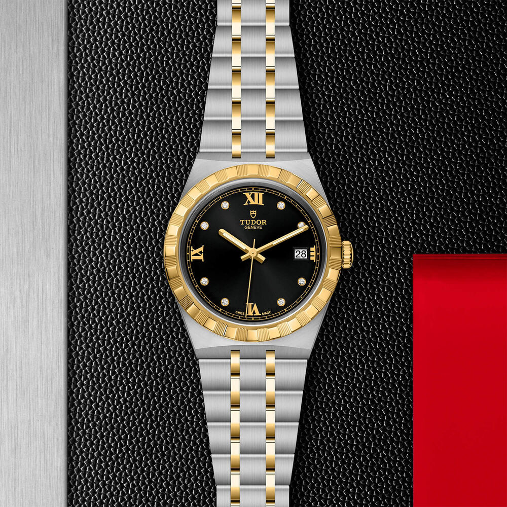 TUDOR Royal 38mm Black Dial Diamond Dots Gold Bezel Two-Tone Steel Bracelet Watch image number 3