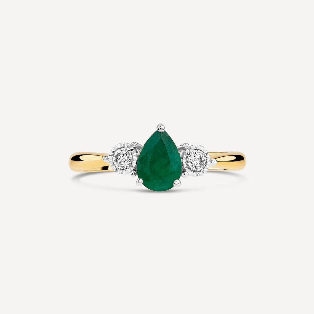 9ct Yellow Gold Pear Shaped Emerald 0.12ct Diamond Sides Ring